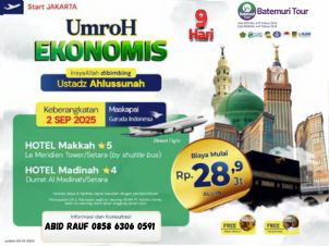 Umrah Ekonomis, Umrah Reguler , 09 hari, Btt – KUT, keberangkatan 02 September 2025